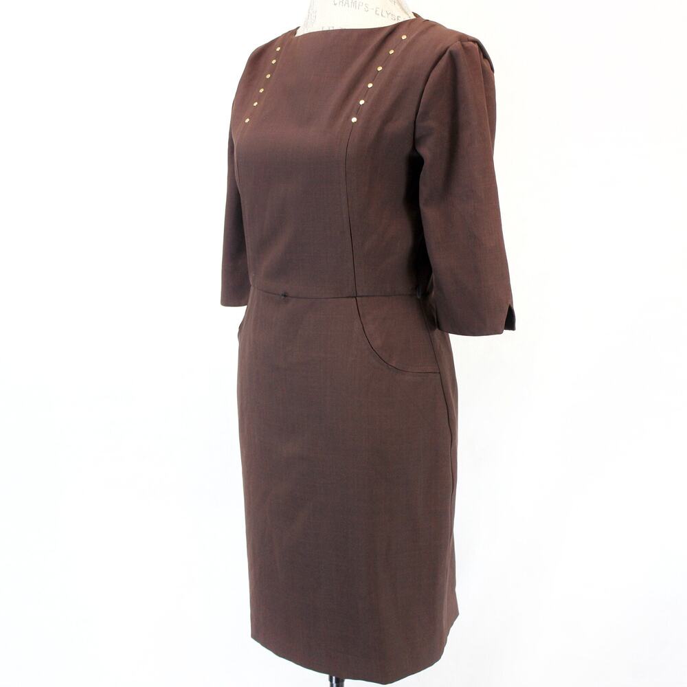 Single LA Brown Lined Pencil Office 3/4 Sleeve Dress Career Studs Small